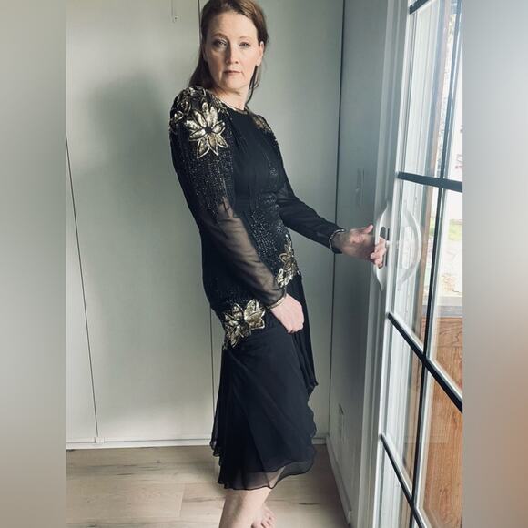 Vintage 90s Dress Sequin Beaded Party Cocktail Formals Red Carpet Black Gold s/6 - Picture 14 of 14